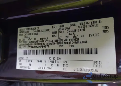 2018 Ford F-150 Xlt из США, поврежденный, VIN 1FTEW1C59JKF86978